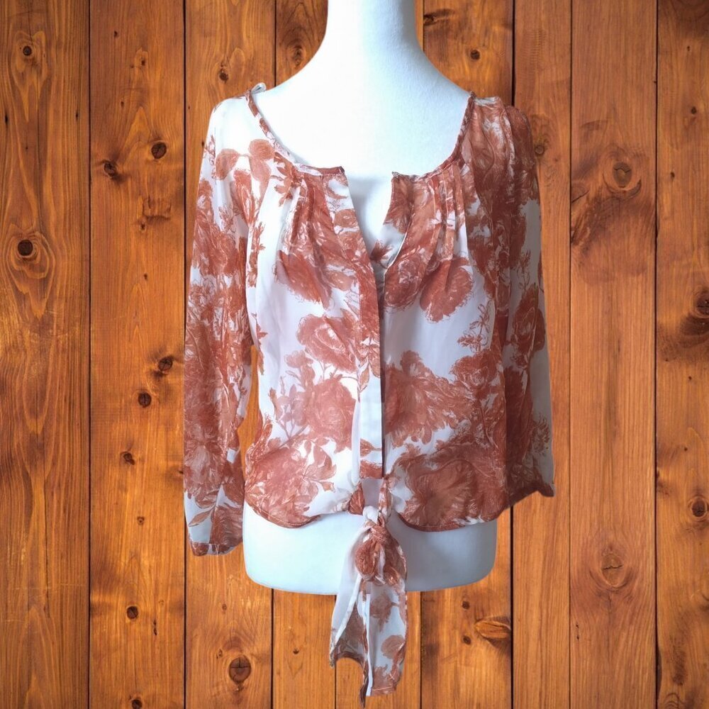 Love 21 XS 3/4 Sleeve Sheer Floral Top Snap Closure Tie Accent Cropped